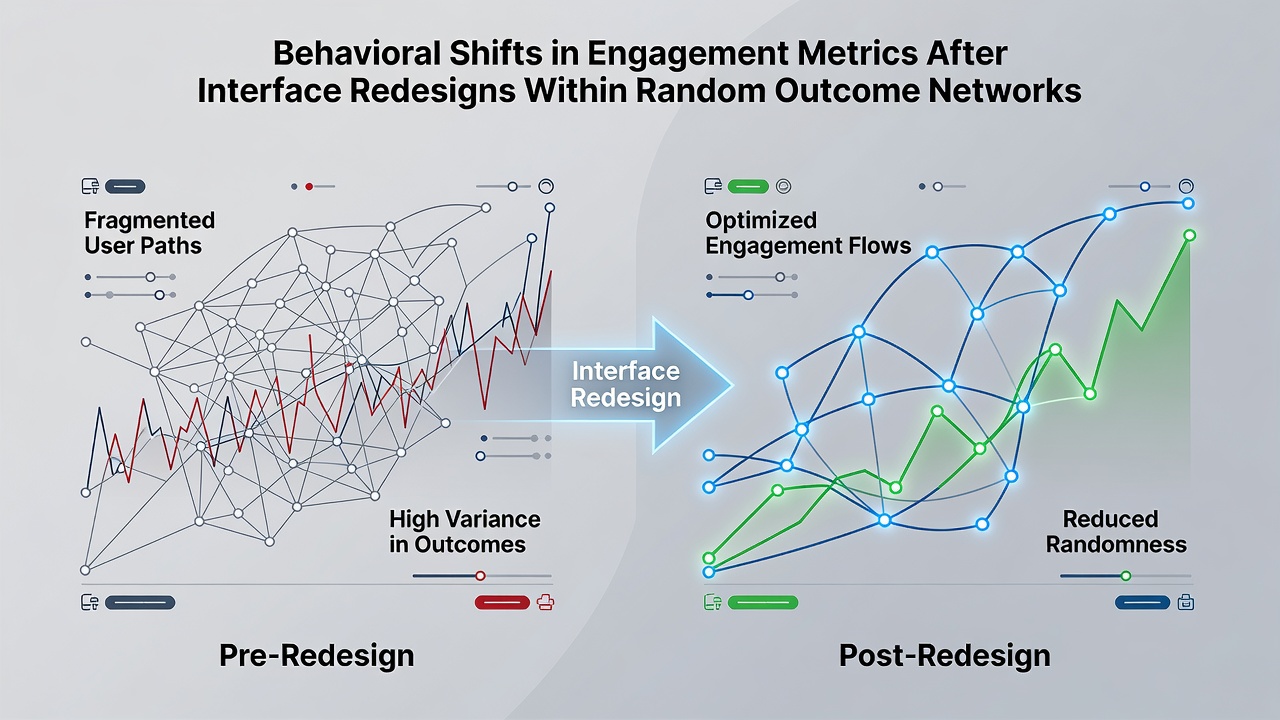Analytics graphs illustrating shifts in user engagement metrics following redesigns on random outcome networks