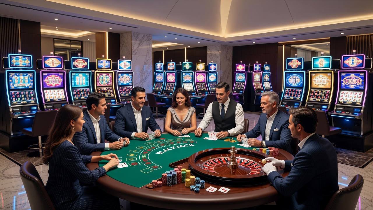 Digital interface showing multiple casino game options on a tablet screen