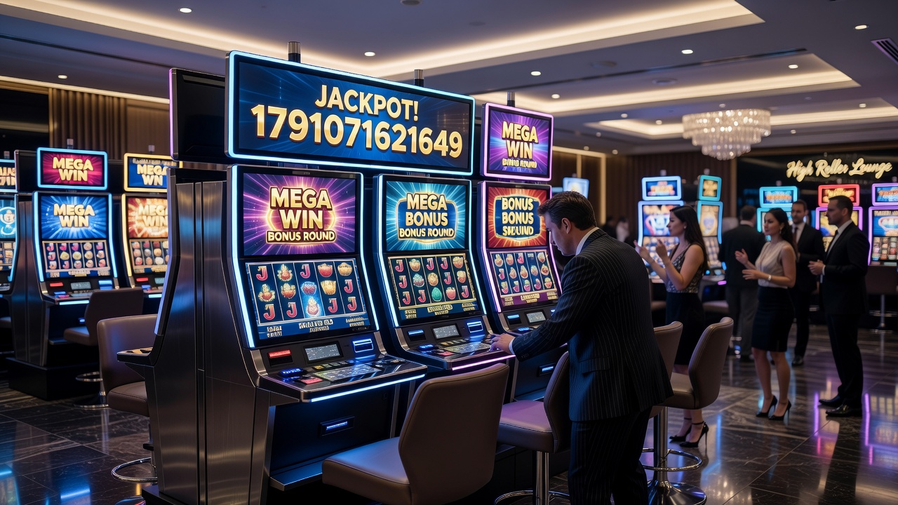 Casino floor view of digital jackpot displays updating across linked slot terminals