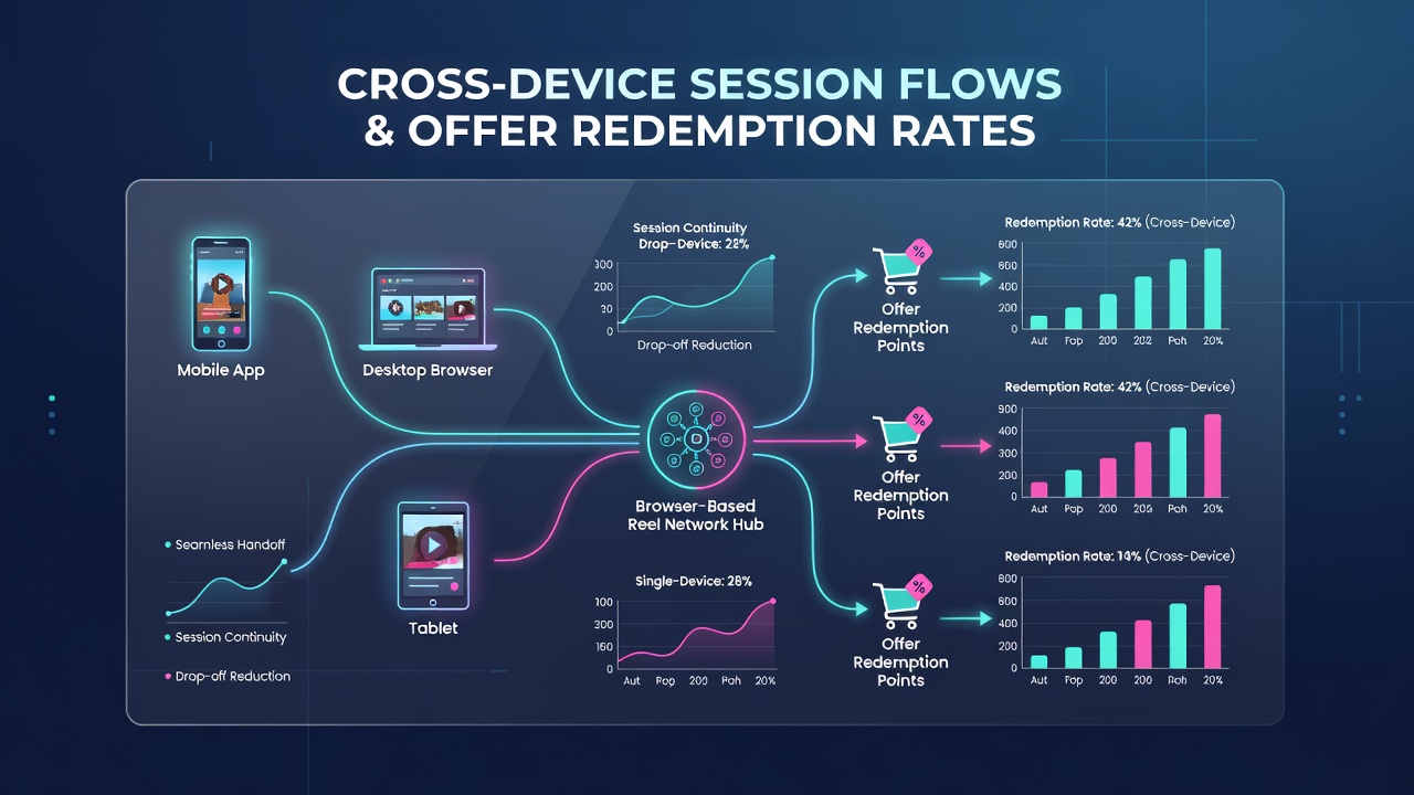 Diagram showing cross-device session flows across mobile and desktop browsers in reel networks
