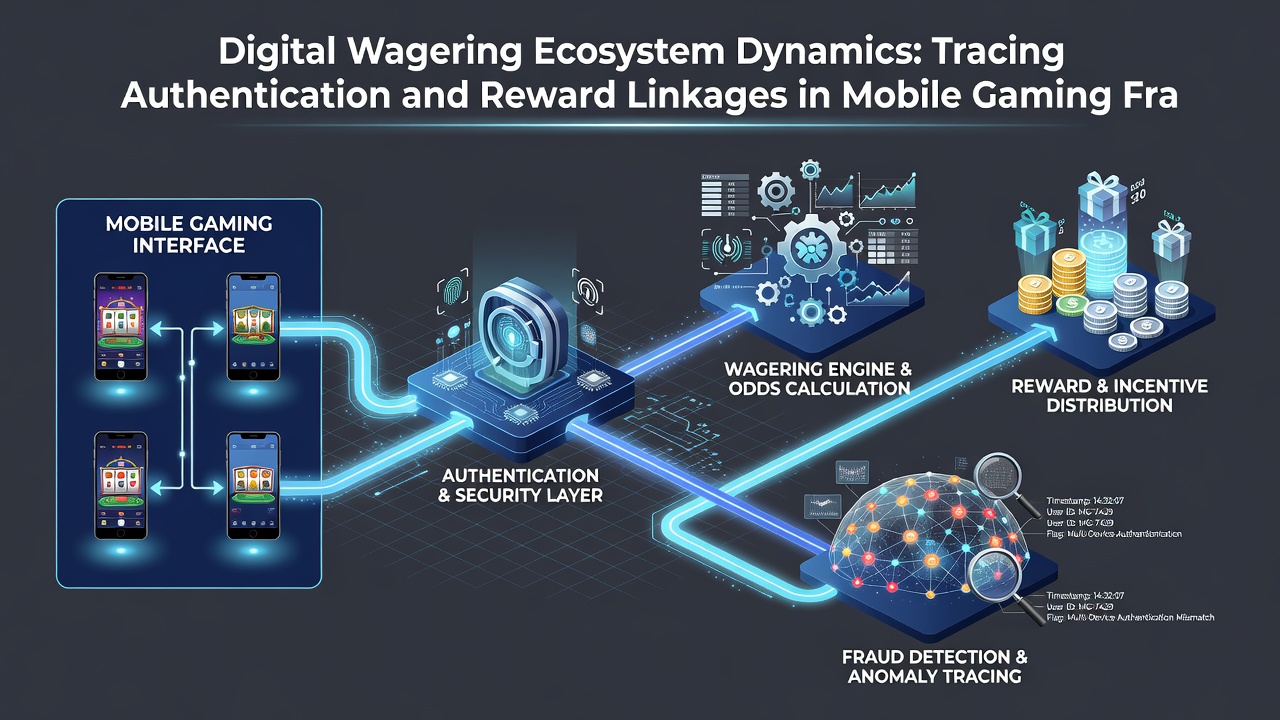 Backend transaction flow illustration connecting mobile authentication protocols to reward distribution gateways in virtual wagering environments