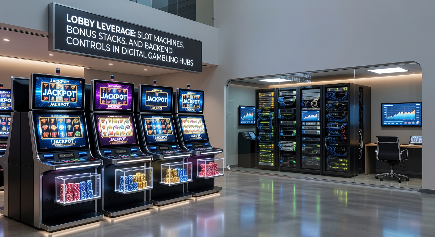 Digital casino lobby displaying vibrant slot machines wth stacked bonus features and backend interface overlays
