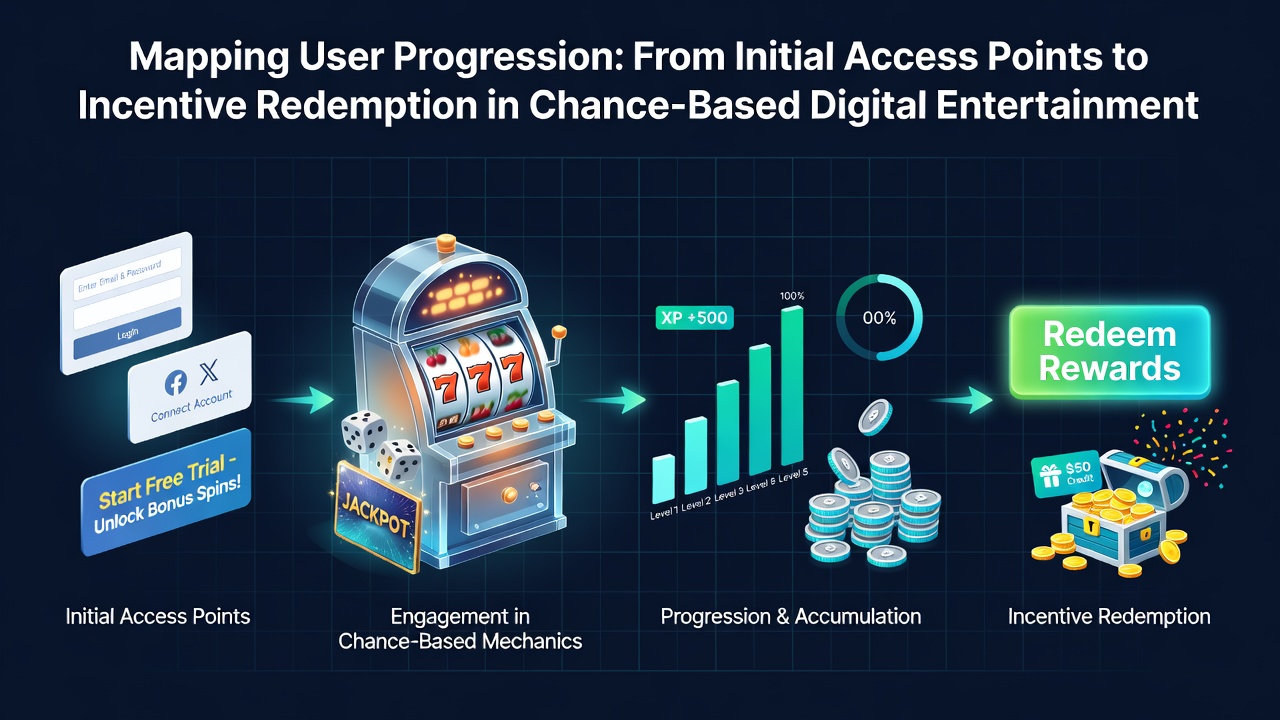 Diagram showing user flow from login to reward redemption in digital chance platforms