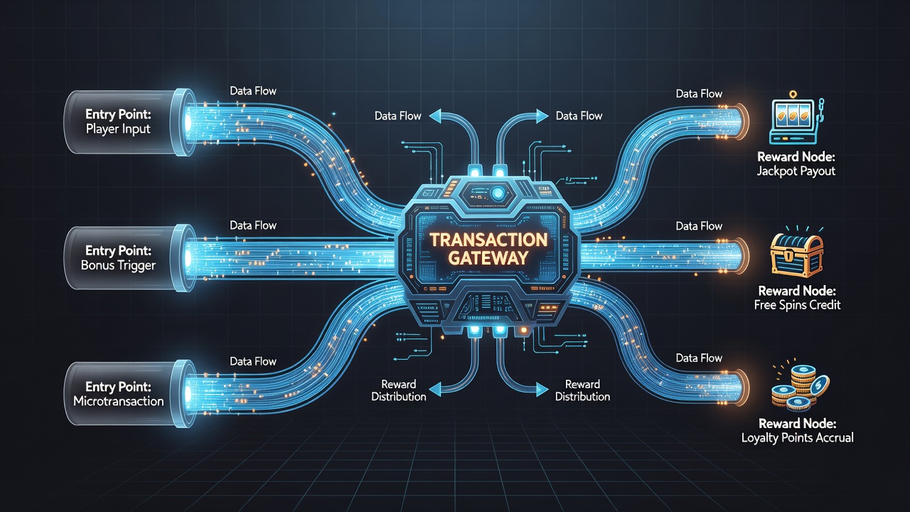 Illustration of transaction gateways processing reward distributions in online slot environments